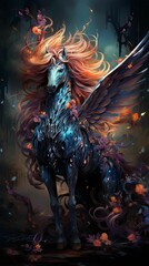 Poster - AI generated illustration of a fantasy unicorn surrounded by flowers