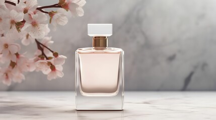 Sticker - AI generated illustration of a white bottle of perfume with pink flowers in the background