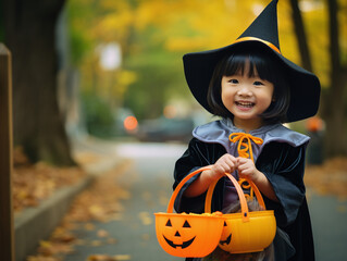 a young asian child dressed in a witch costume holding a pumpkin jack-o-lanern basket on halloween, going trick-or-treating