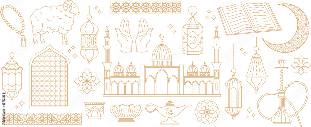 Traditional arabic symbols, golden line lantern and ornate borders ...