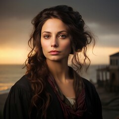 Wall Mural - young woman against a dark background with a view of the ocean in the distance. ai generated