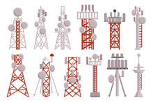 Radio Towers Set. Tall Metal Structures Transmitting Radio Signals. Supports Antennas For Broadcasting And Communication