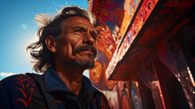 Mexican Muralist On A Scaffold, Paintbrush In Hand, Working On A Large, Colorful Mural.