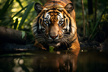 A Sumatran Tiger Slips Into The Water Stealthily