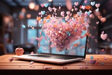 Pastel Pink And Blue Hearts Coming Out Of A Laptop Screen. Romantic Mail Concept. I Love You Message Idea. Generative AI