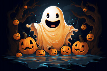 Cute cartoon ghost. Template for a greeting card for Halloween. Generative AI