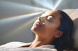 Woman enjoying distance energy healing treatment. Connection to higher self, guided meditation, spiritual awakening concept