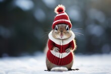Chipmunk In Snow With Winter Clothes Like Santa Claus.. Christmas Style Hat And Sweater. Funny Animals In Winter.