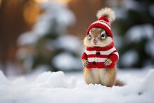Chipmunk In Snow With Winter Clothes Like Santa Claus.. Christmas Style Hat And Sweater. Funny Animals In Winter.