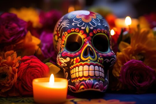 Sugar Skull (Calavera) to celebrate Mexico's Day of the Dead (Dia de Los Muertos). Hispanic heritage sugar skull marigold Festive
