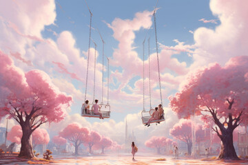 Poster - Pastel Dreamscapes: Cotton Candy Cloud Ballet in a Sky of Sugary Delight and Swinging Joy
