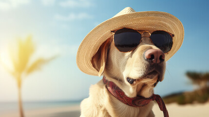 Wall Mural - Cool looking  labrador retriever  wearing sunglasses and tilted straw hat. Beach and sea background with copyspace. Stylish animal posing as supermodel. Digital illustration generative AI.