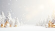 Christmas and New Year background in white colors. White Christmas trees with golden star in a snowy forest and Christmas golden decorations on a light bokeh background with copy space for text.