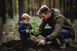 Fototapeta Natura - Spring Tree Planting: Parent and Child Nurture Nature in the Park
