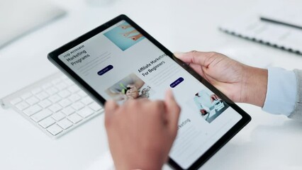 Aufkleber - Business person, hands and tablet in affiliate marketing research, strategy or information on website homepage at office. Closeup of employee scrolling on technology screen or market display app