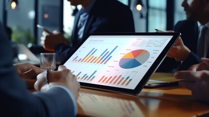 Poster - business people analyse financial data and marketing growth report graphs as a team, presenting and 