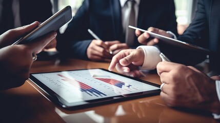 Poster - business people analysing financial data and marketing growth report graphs as a team, presenting an