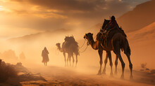 Camels In Desert, People Riding Camels, Desert Background, Dust, Sand, Sandy Wind