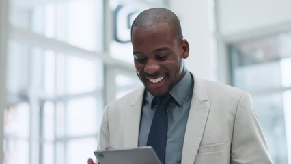 Wall Mural - Accountant, business and black man with a tablet, finance and connection with stock market, research and website info. African person, employee and accountant with tech, check investment and trading