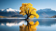 © Ziyan Yang - Famous Wanaka tree with bright yellow leafs reflects in lake with mountains in the background