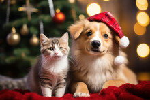 Cat And Dog Near The Christmas Tree. Christmas Pets. Happiness, Celebration And Fun. Furry Animals.