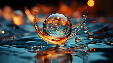 Poster - macro photography of water drops in sunset rays, water is the source of life