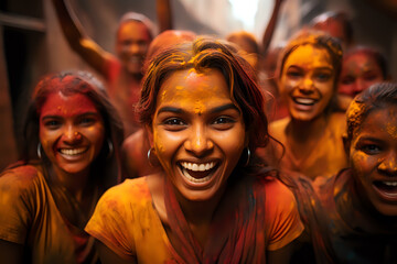 a young expressive girl all in loose colored dry paints during the Holi festival of colors - traditional in India