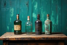 Three Empty Bottles Sitting On Top Of A Wooden Table. Generative AI Image.