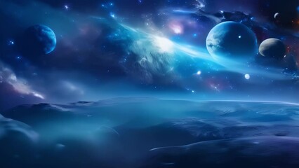 Wall Mural - a deep vista of majestic cerulean and indigo planets and clouds softly radiating their light from af