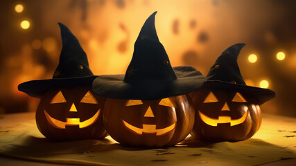 Wall Mural - Three halloween pumpkins with neon glowing eyes and witches hat, isolated on blurred gold bokeh background. Generative AI