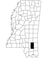  Map of Perry County in Mississippi state on white background. single County map highlighted by black colour on Mississippi map. United States of America, US