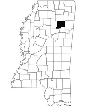 Map Of Chickasaw County In Mississippi State On White Background. Single County Map Highlighted By Black Colour On Mississippi Map. United States Of America, US