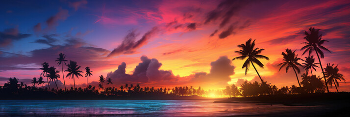 Tropical sunset with palm trees silhouette and beautiful dusk colorful sky background.