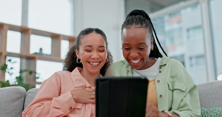 Canvas Print - Tablet, couple of friends and women laugh on a home sofa for funny video, website and internet. Happy, lesbian people and talking on couch with a smartphone for communication, search or social media