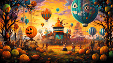 Halloween Background With Carnival With A Giant Pumpkin Ferris Wheel.Halloween Background With Evil Pumpkin. Spooky, Holiday Event Halloween Banner Background Concept