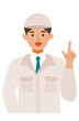 © SHIROKUMA-DESIGN - Man wearing factory worker uniform. Factory worker Man cartoon character. People face profiles avatars and icons. Close up image of pointing man.