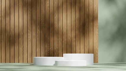 Poster - natural white podium display on green background and nature leaf shadow, luxury product mockup 3D Illustration