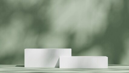 Poster - natural white podium display on green background and nature leaf shadow, luxury product mockup 3D Illustration
