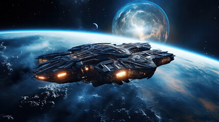 Wall Mural - a spaceship flying over a planet, sci fi