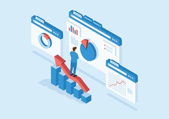 Poster - Isometric businessman standing on arrow working for data analytics and monitoring on web report dashboard monitor and business finance. illustrator vector