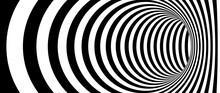 Optical Illusion Wormhole. Striped Geometric Infinite Tunnel Background. Black And White Abstract Hypnotic Hole Shape. Vector Op Art Illustration Backdrop