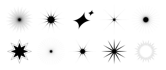 Poster - Various blinks and twinkles set. Retro stars collection. Abstract black starburst shine effect pack. Design element template for poster, banner, logo, card, icon, label, collage, tag. Vector bundle