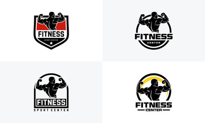 Wall Mural - set of fitness logo badge with muscle man, gymnastic logo template vector, body build logo badge