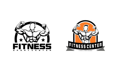 Wall Mural - set of fitness logo badge with muscle man, gymnastic logo template vector, body build logo badge