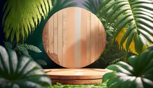 Dynamic View Capturing The Movement And Energy Of . The Wooden Cut Round Podium Amidst The Vibrant Backdrop Of Tropical Plants, Frame Of Tree