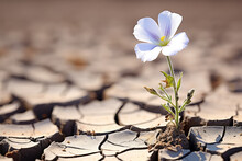 Tiny White Flower Broke Through Dry Cracked Earth