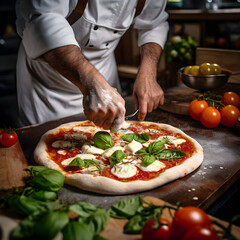 closeup pizza chef hands preparing pizza