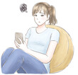 © yuri nakashima - クッションにもたれてスマホを見て悩む女性　水彩風