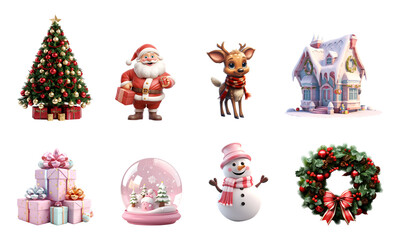 Wall Mural - Set of christmas elements, Decorated Christmas tree, Santa Claus, reindeer, christmas snow home, snow man, gift box, wreath, Glass snow globe, isolated on white transparent background, ai generate