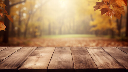 Poster - Empty wooden table with autumn background